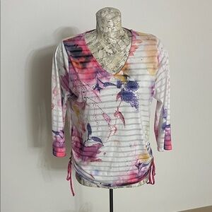 #100 Laura Women's Floral V-Neck Long Sleeve Top Size L
